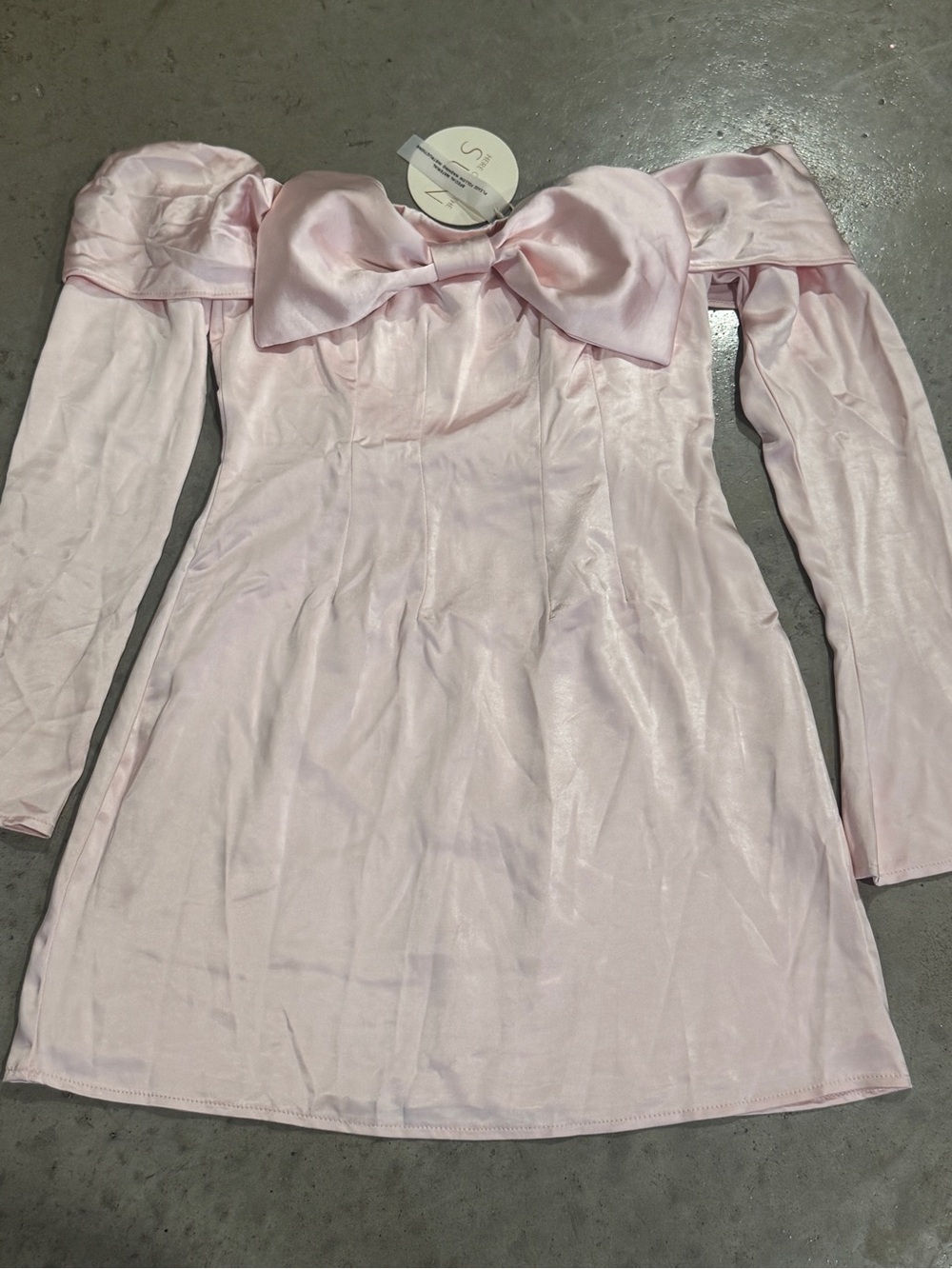 Off-Shoulder Light Pink Satin Mini Dress with Front Bow - Picture 1 of 5